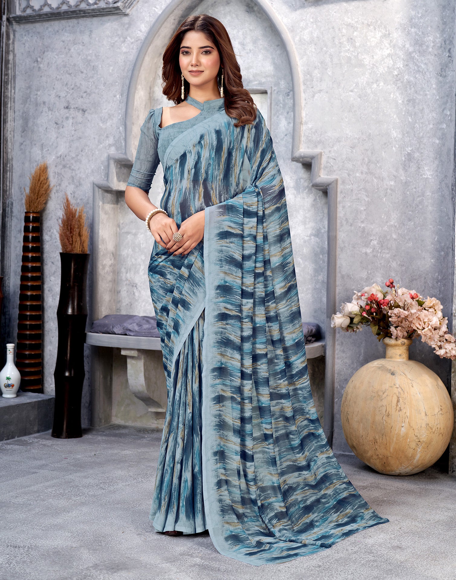 Grey &amp; Multicoloured Georgette Printed Saree