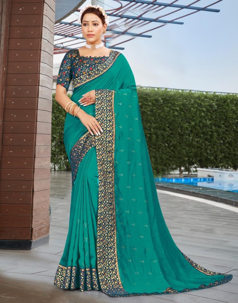 Teal Green Silk Plain Saree