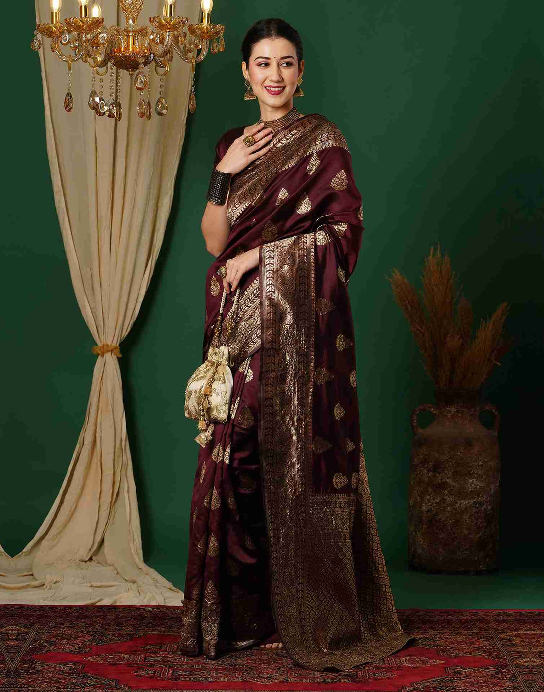 Brown Jacquard Silk Saree