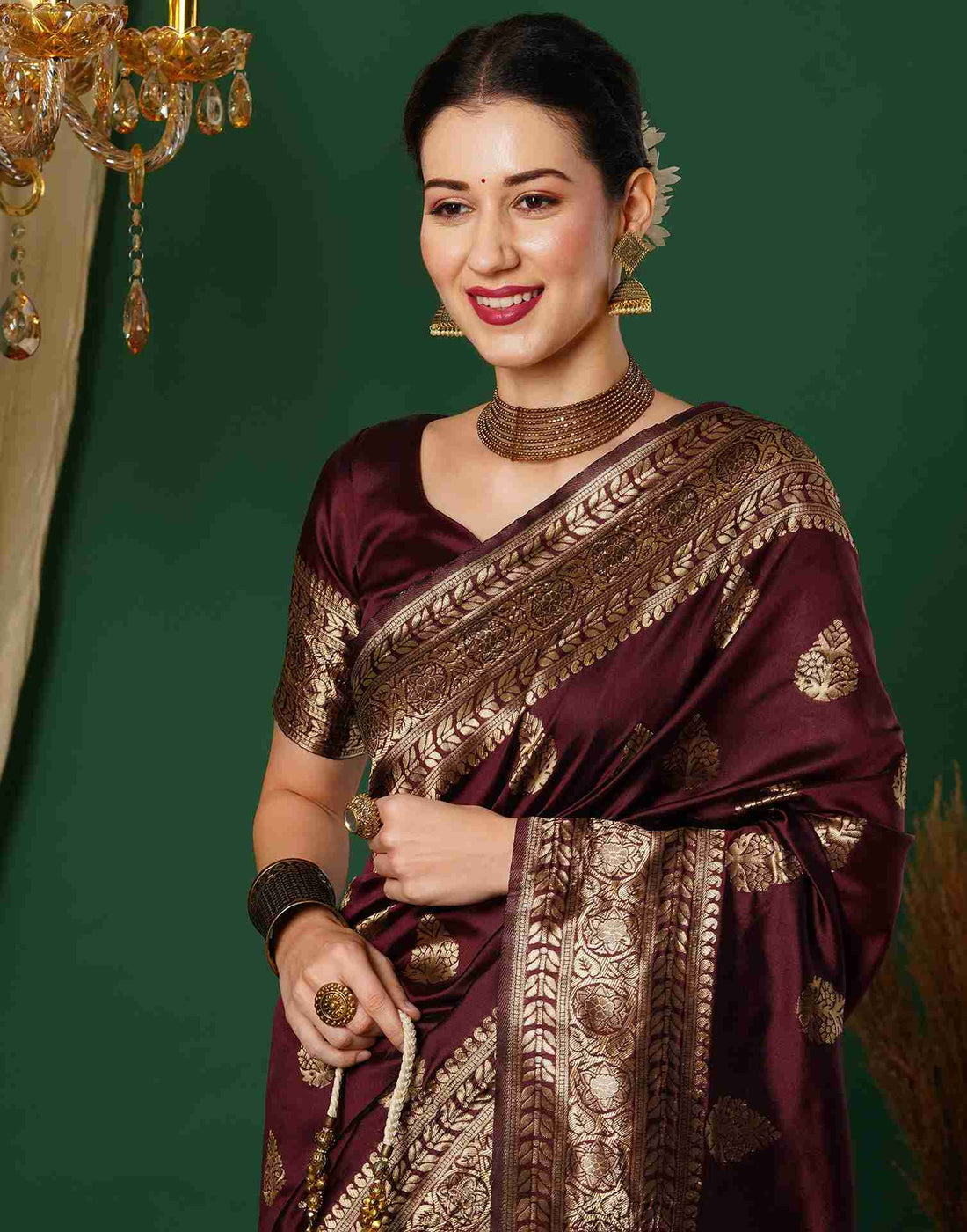 Maroon Silk Woven Banarasi Saree