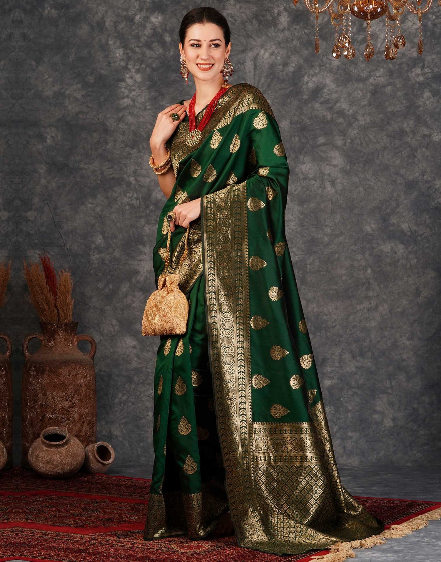 Dark Green Jacquard Banarasi Silk Saree