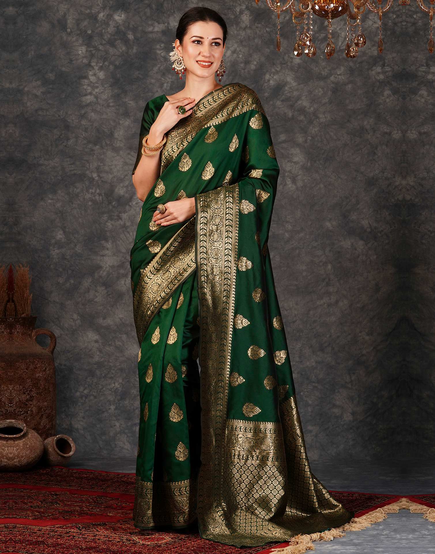 Dark Green Jacquard Banarasi Silk Saree