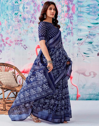 Navy Blue Cotton Zari Saree