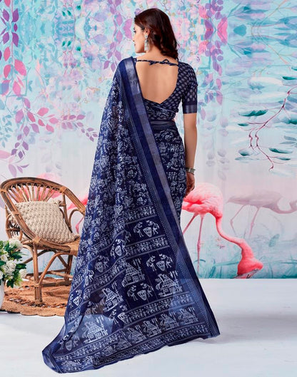Navy Blue Cotton Zari Saree