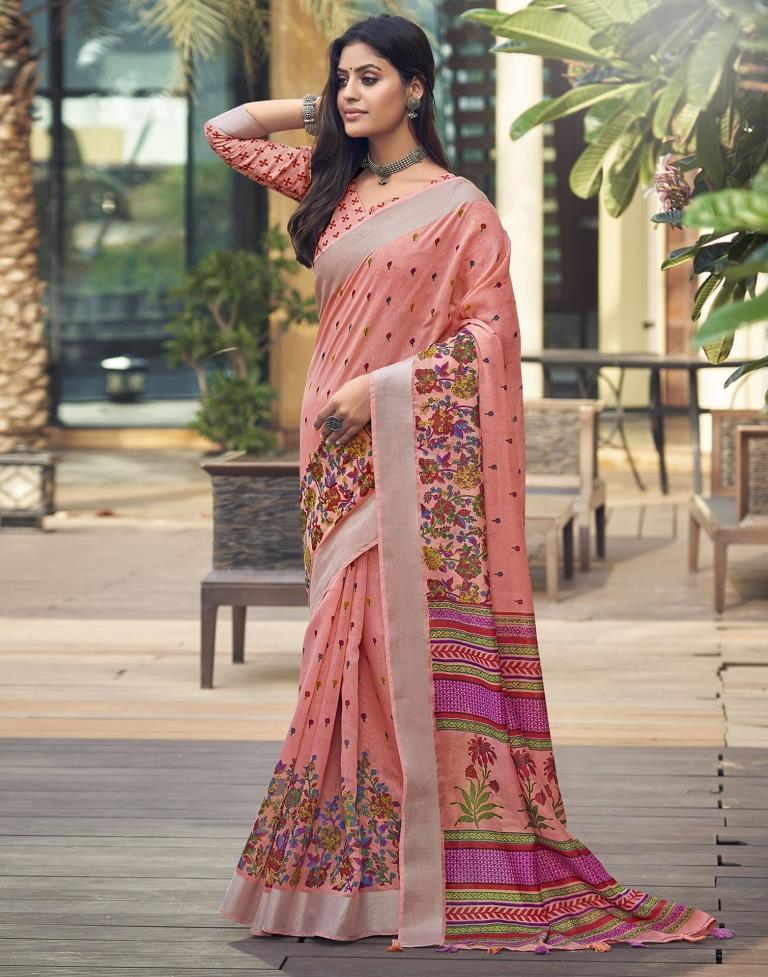 Light Peach Cotton Zari Saree