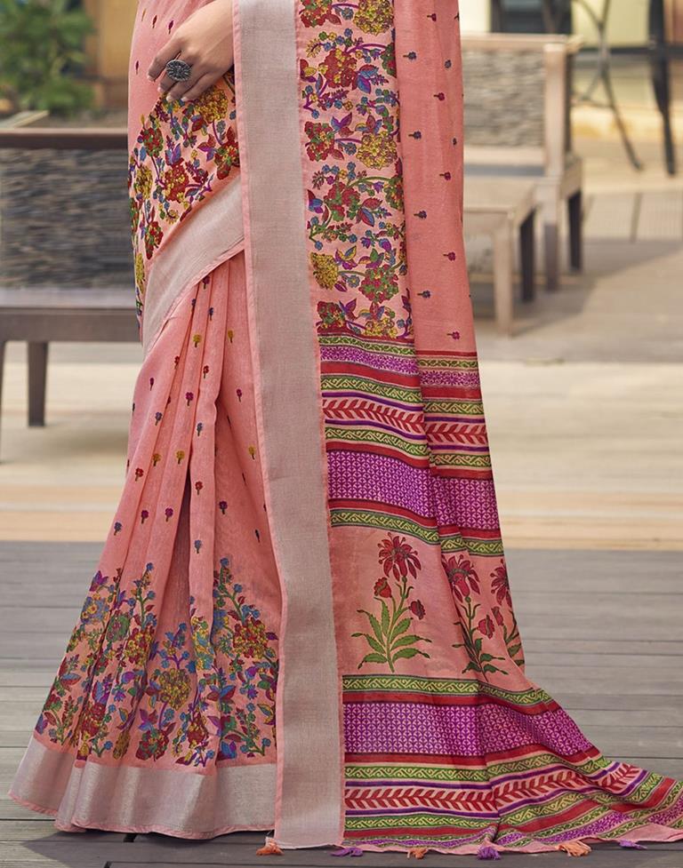 Light Peach Cotton Zari Saree