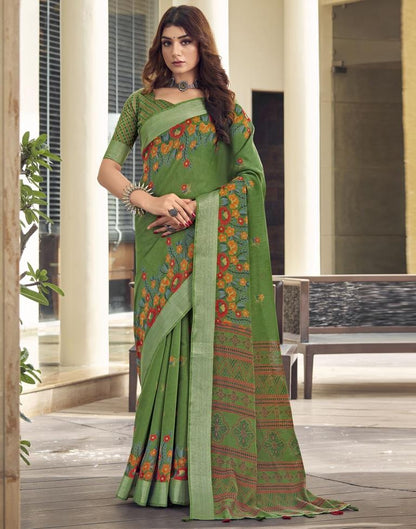 Olive Green Cotton Zari Saree