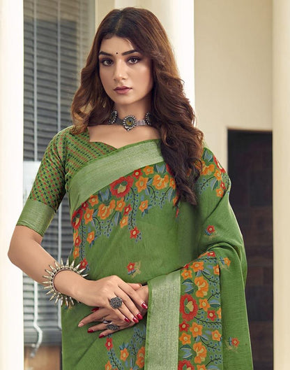 Olive Green Cotton Zari Saree