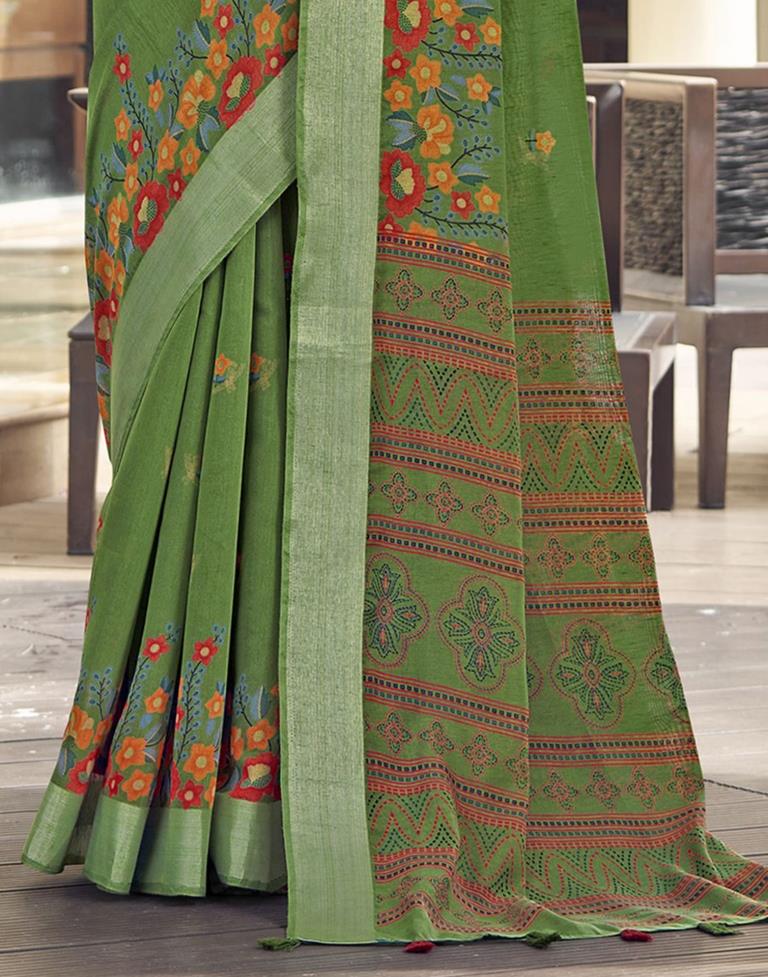 Olive Green Cotton Zari Saree