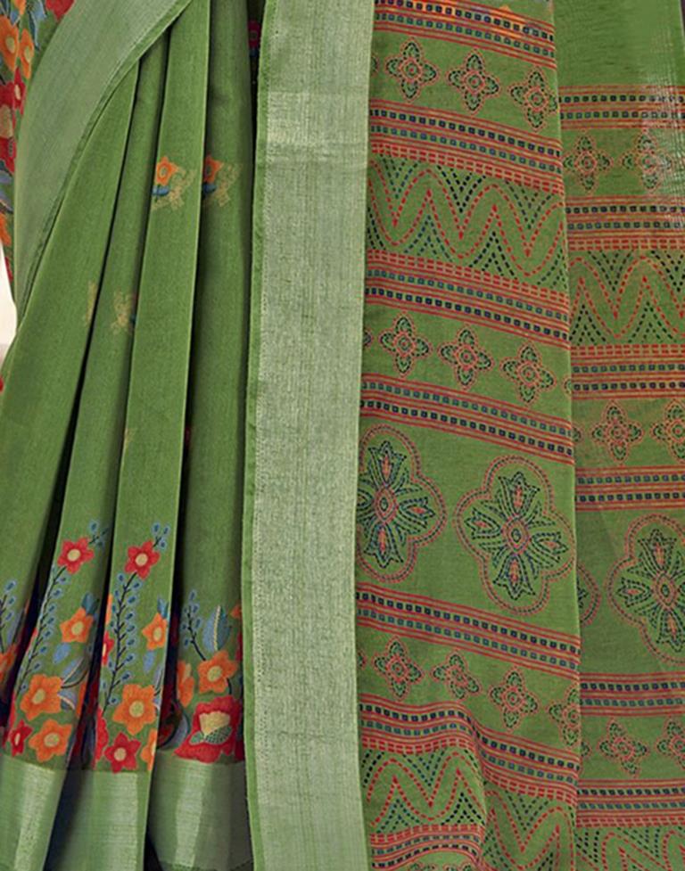 Olive Green Cotton Zari Saree