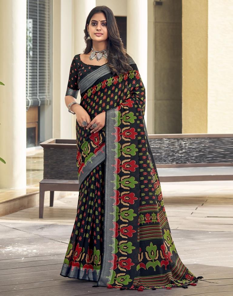 Black &amp; Multicolour Cotton Zari Saree