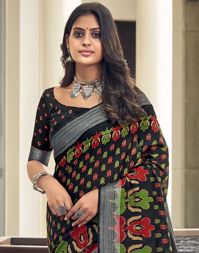 Black &amp; Multicolour Cotton Zari Saree