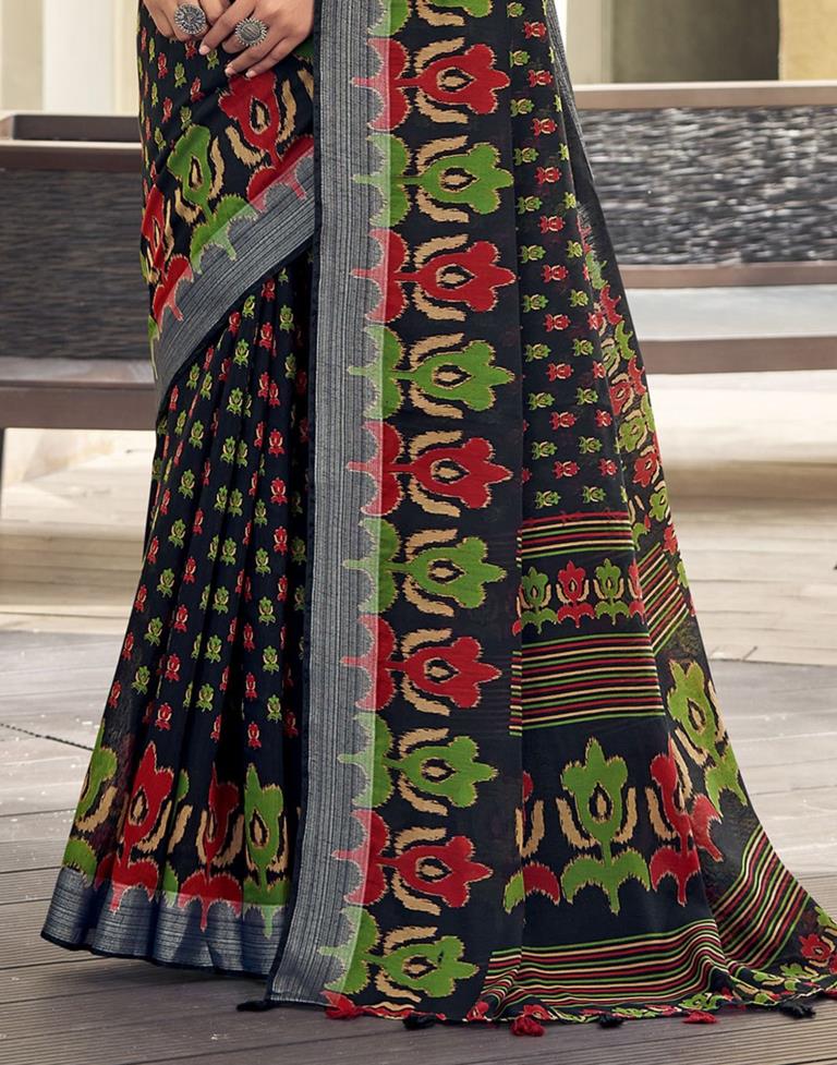 Black &amp; Multicolour Cotton Zari Saree