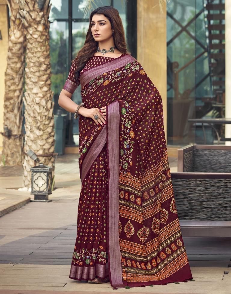 Maroon Cotton Zari Saree