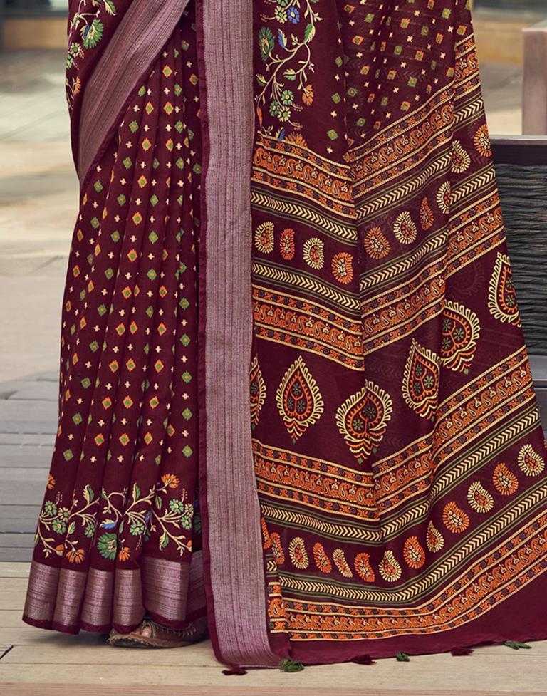 Maroon Cotton Zari Saree