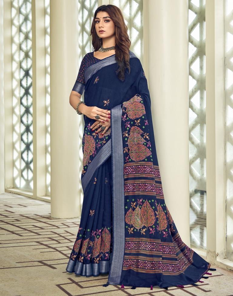 Navy Blue Cotton Zari Saree