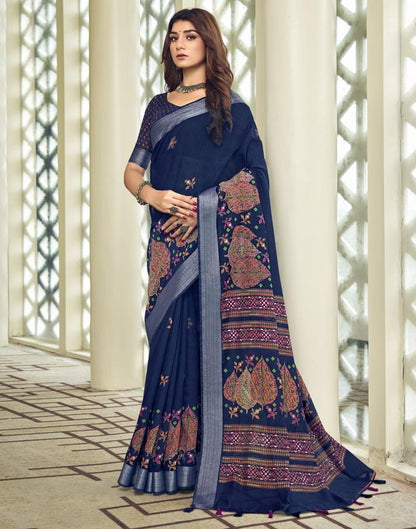 Navy Blue Cotton Zari Saree