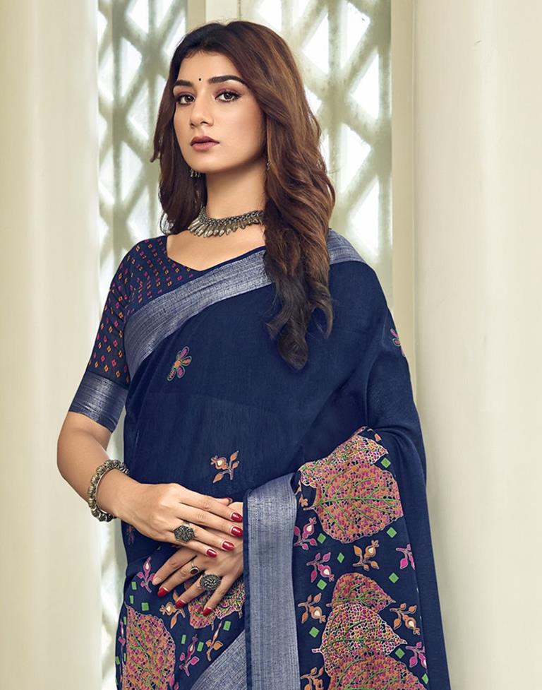 Navy Blue Cotton Zari Saree