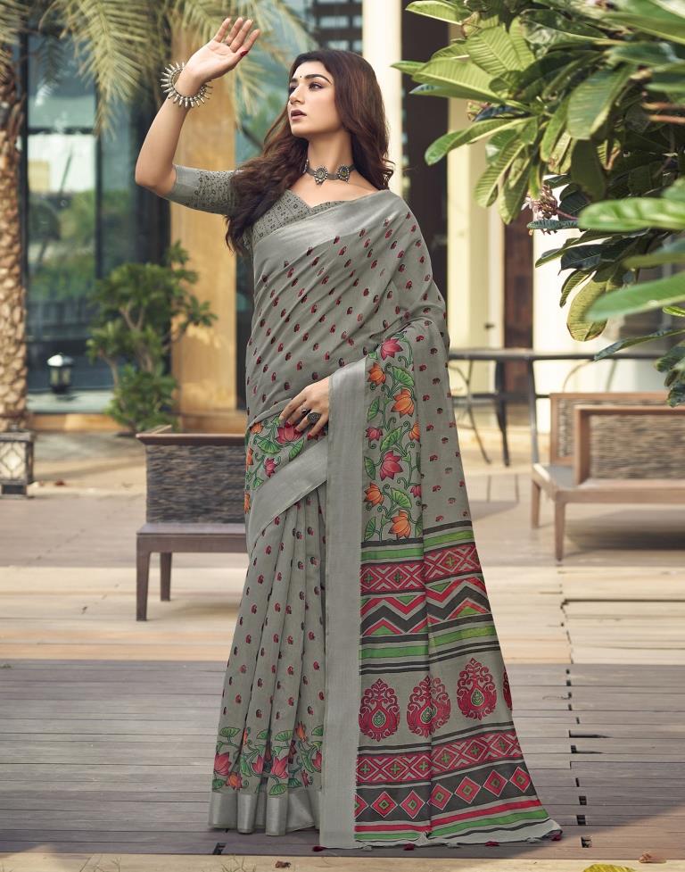 Grey Cotton Zari Saree