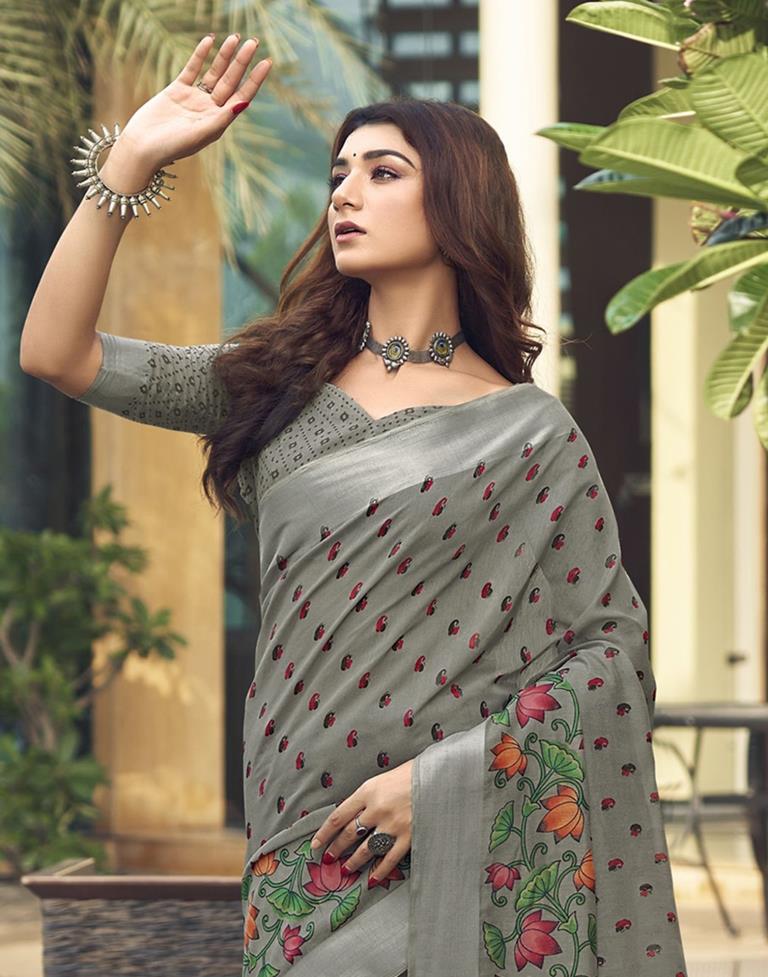 Grey Cotton Zari Saree