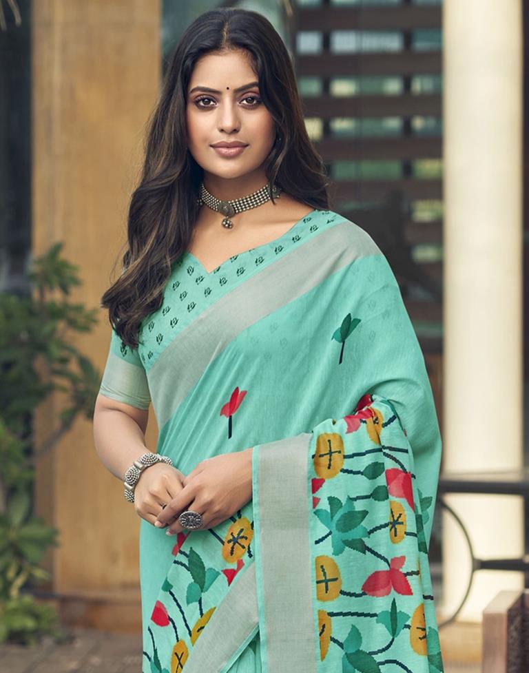 Turquoise Cotton Zari Saree