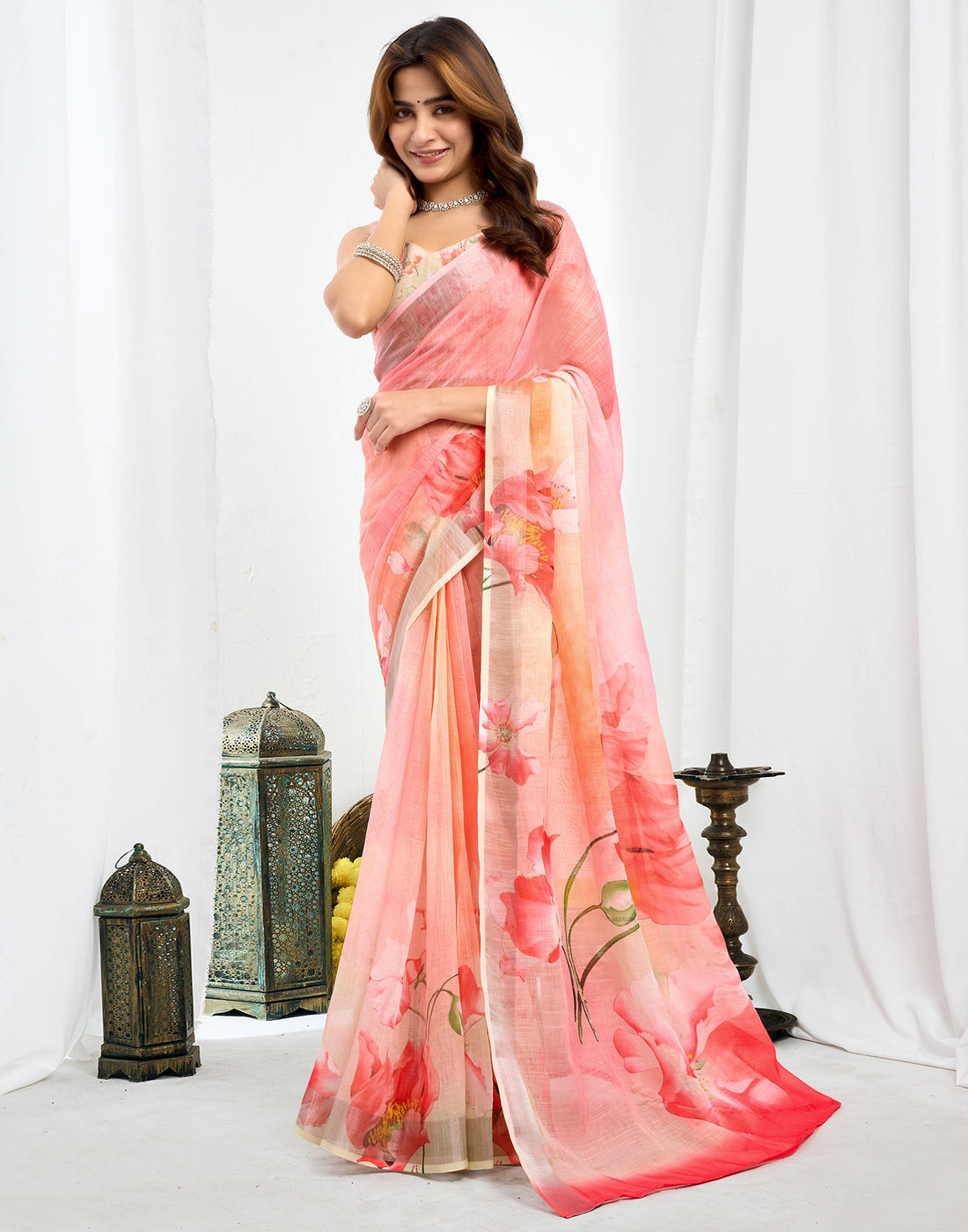 Ready To Wear Pink Linen Floral Printed Saree