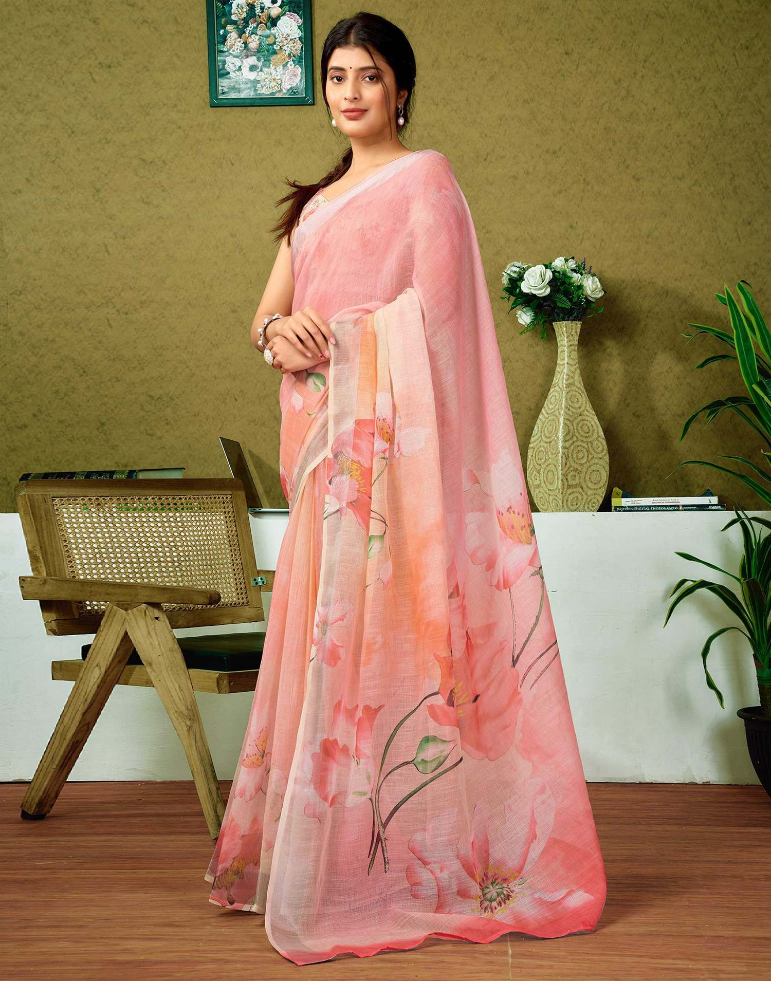 Ready To Wear Pink Printed Linen Saree