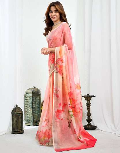 Ready To Wear Pink Linen Floral Printed Saree