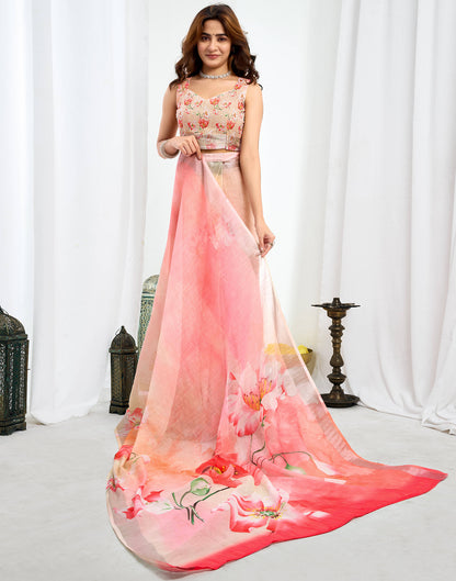 Ready To Wear Pink Linen Floral Printed Saree