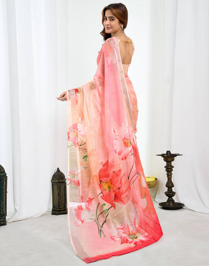 Ready To Wear Pink Linen Floral Printed Saree