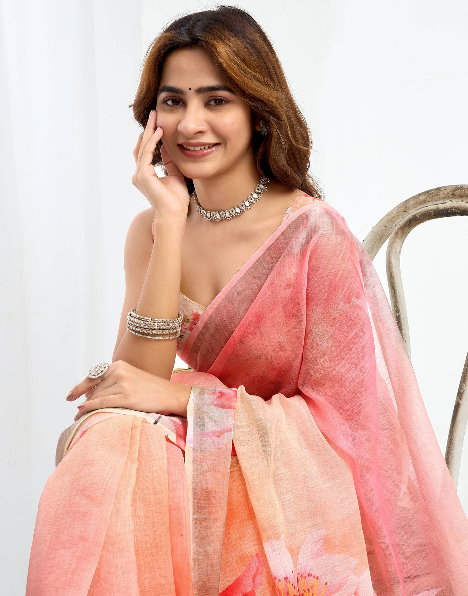 Ready To Wear Pink Linen Floral Printed Saree