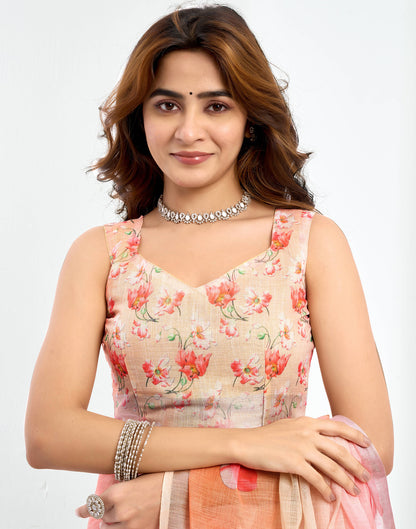 Ready To Wear Pink Linen Floral Printed Saree