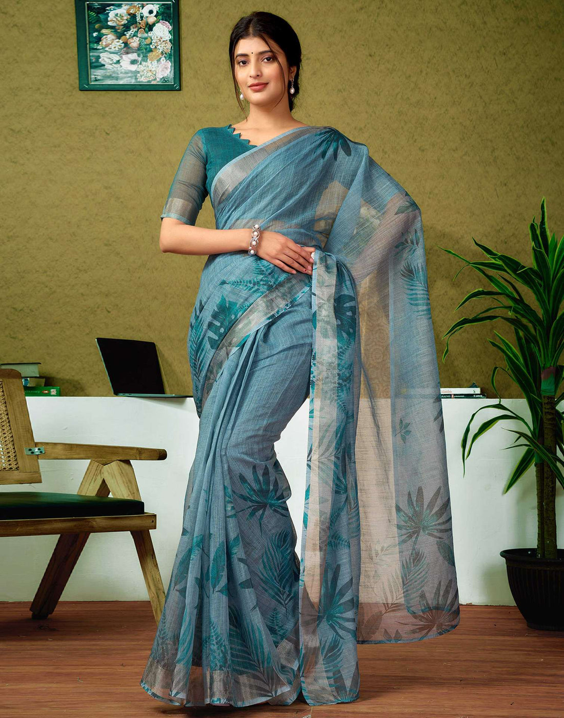 Ready To Wear Dusty Blue Printed Linen Saree