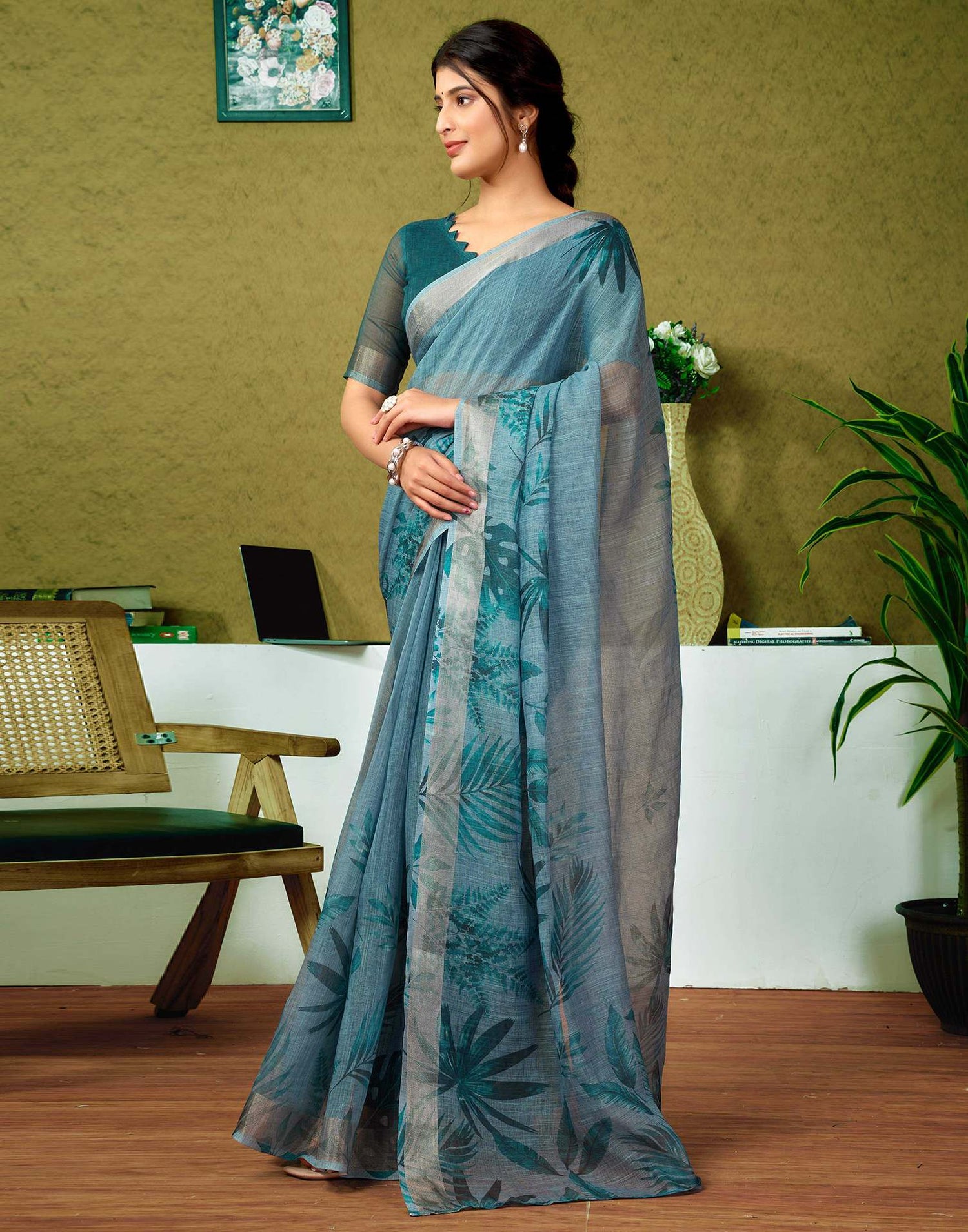 Ready To Wear Dusty Blue Printed Linen Saree