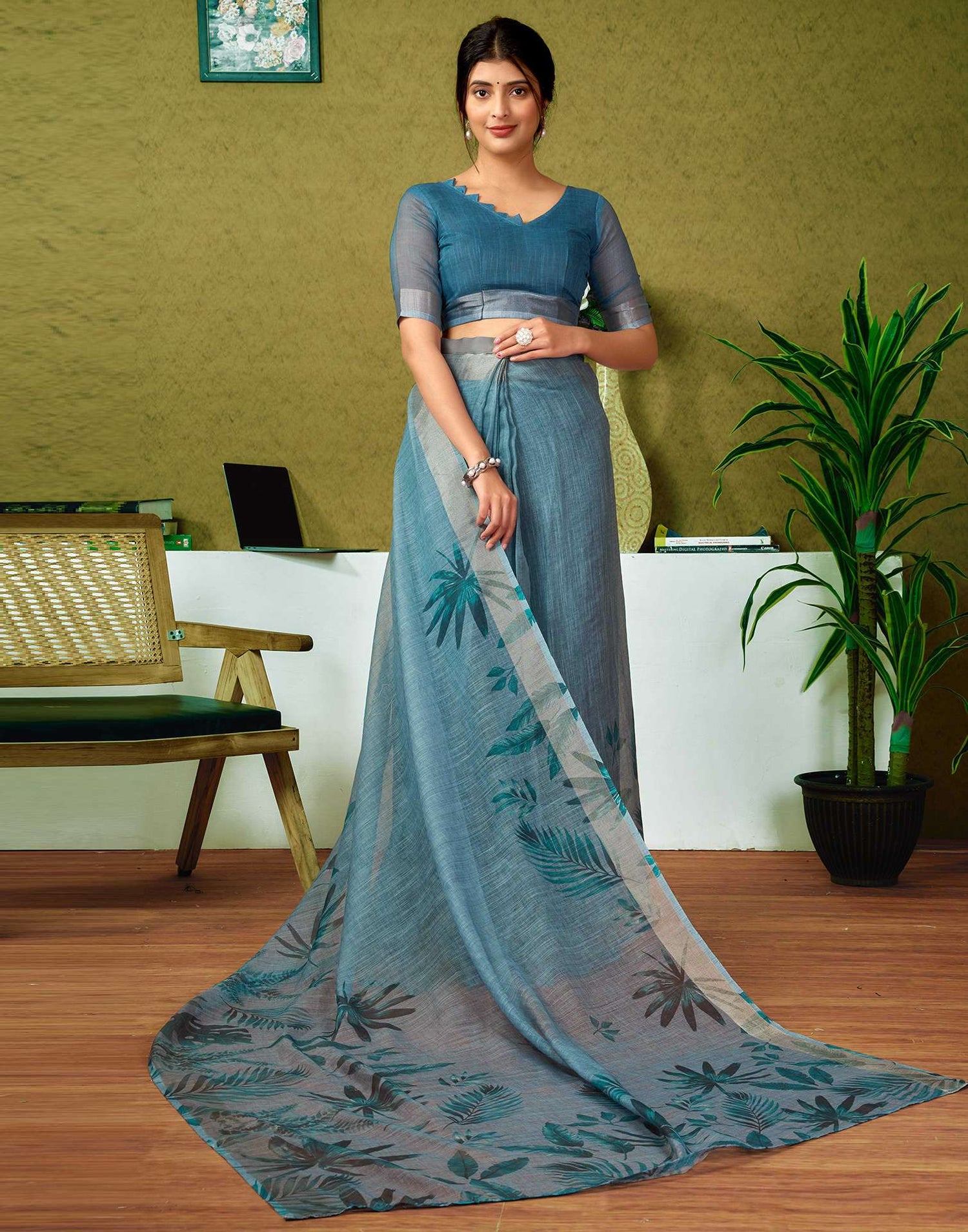 Ready To Wear Dusty Blue Printed Linen Saree