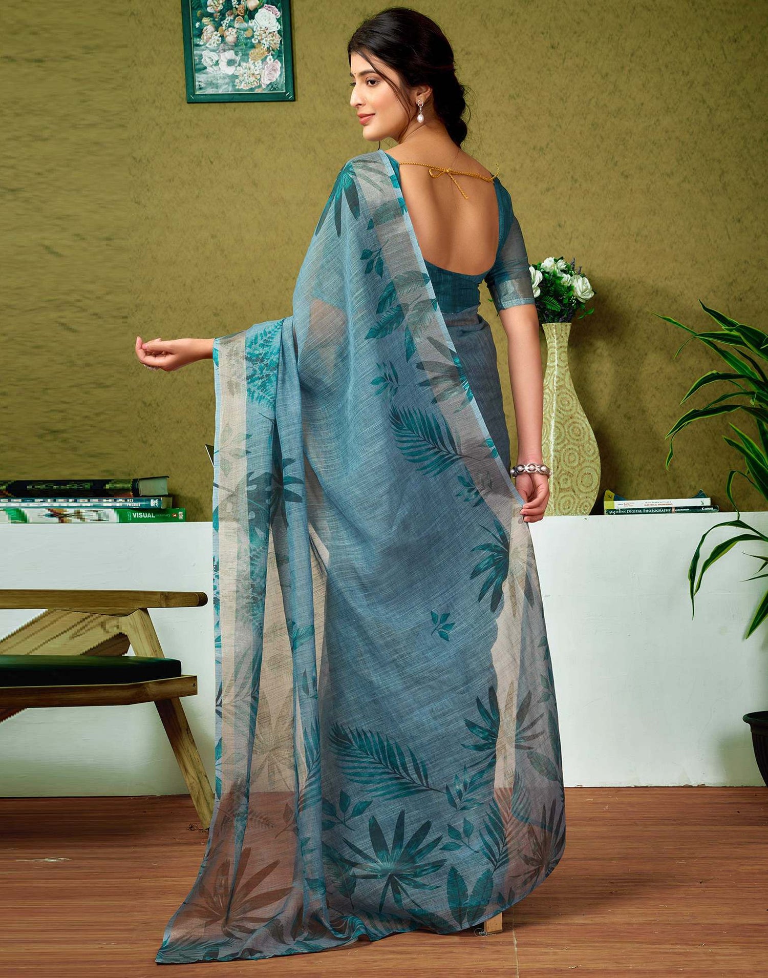 Ready To Wear Dusty Blue Printed Linen Saree