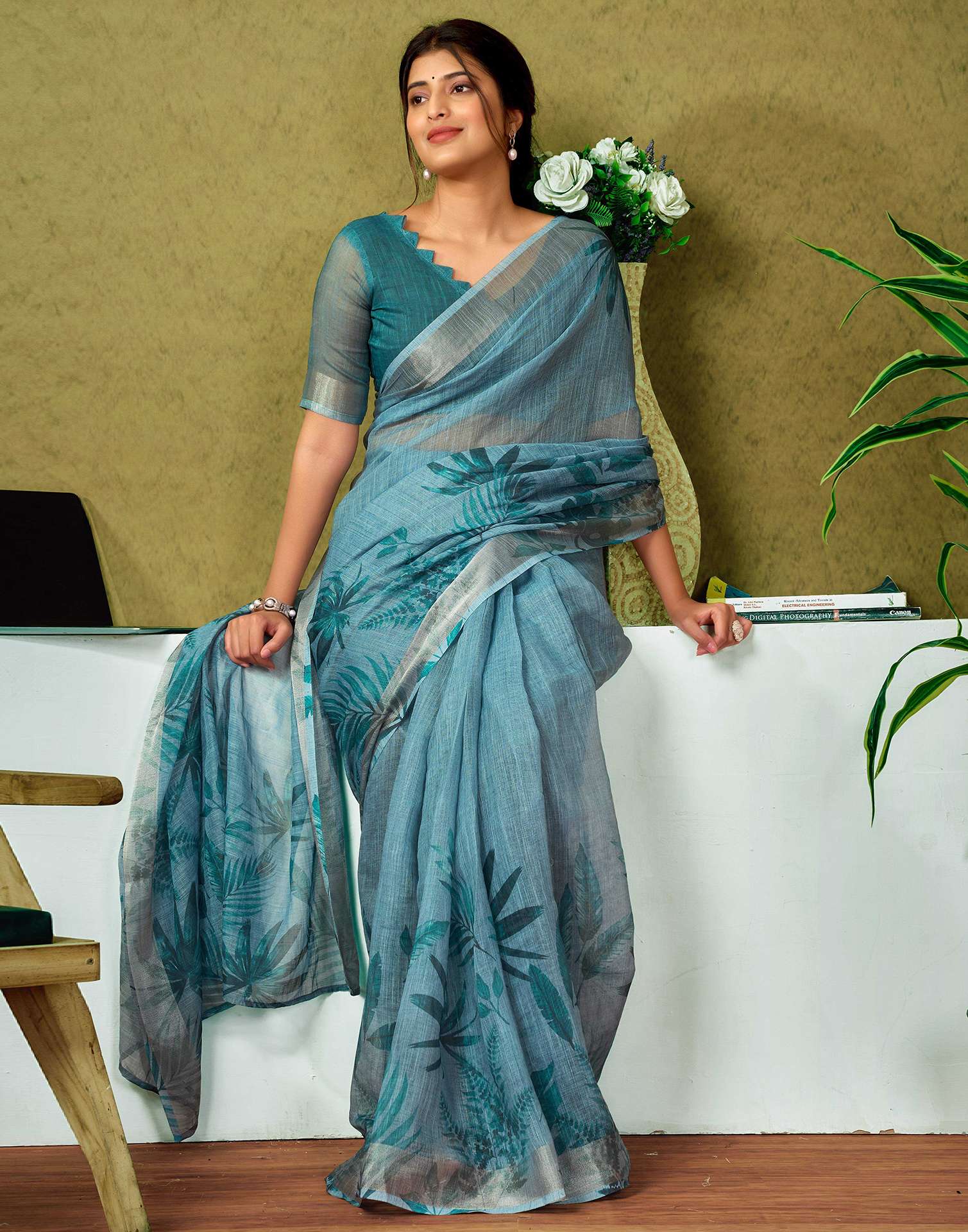 Ready To Wear Dusty Blue Printed Linen Saree