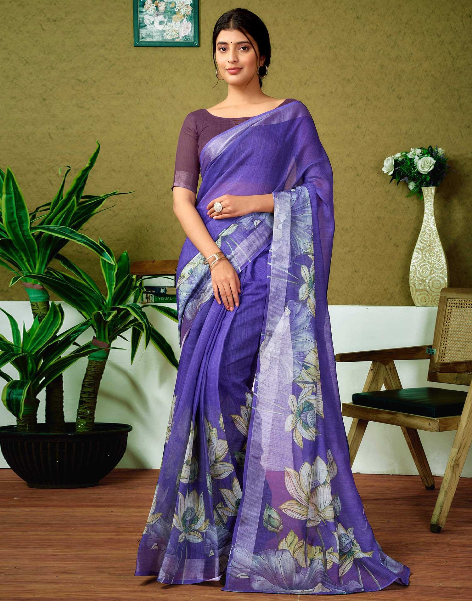 Ready To Wear Purple Printed Linen Saree