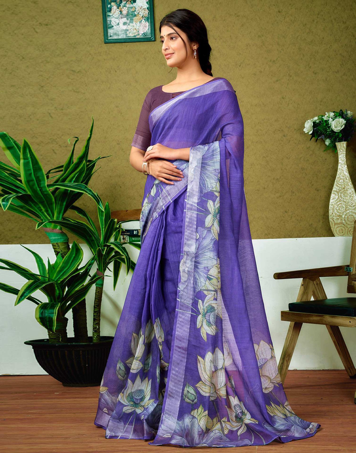 Ready To Wear Purple Printed Linen Saree