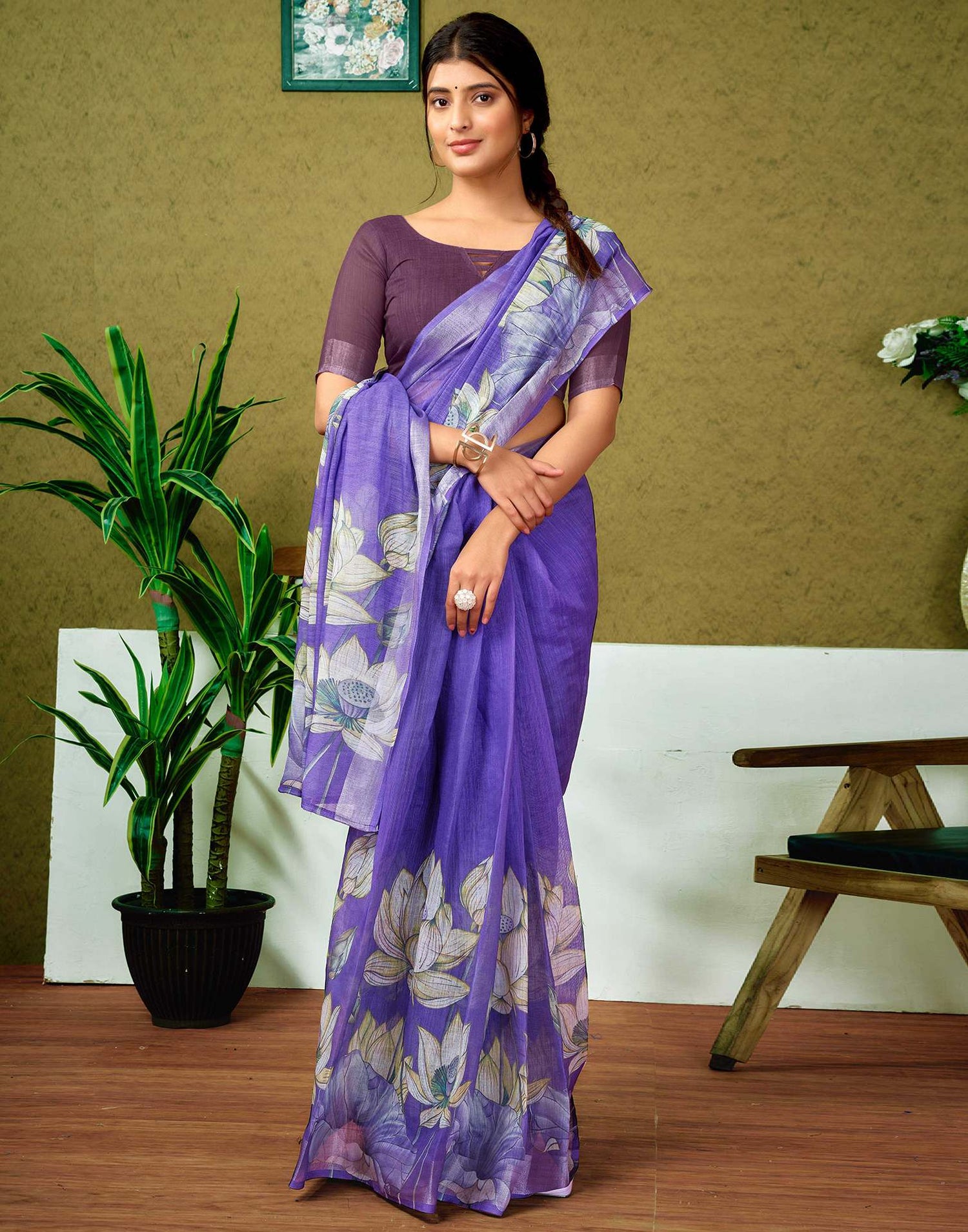 Ready To Wear Purple Printed Linen Saree