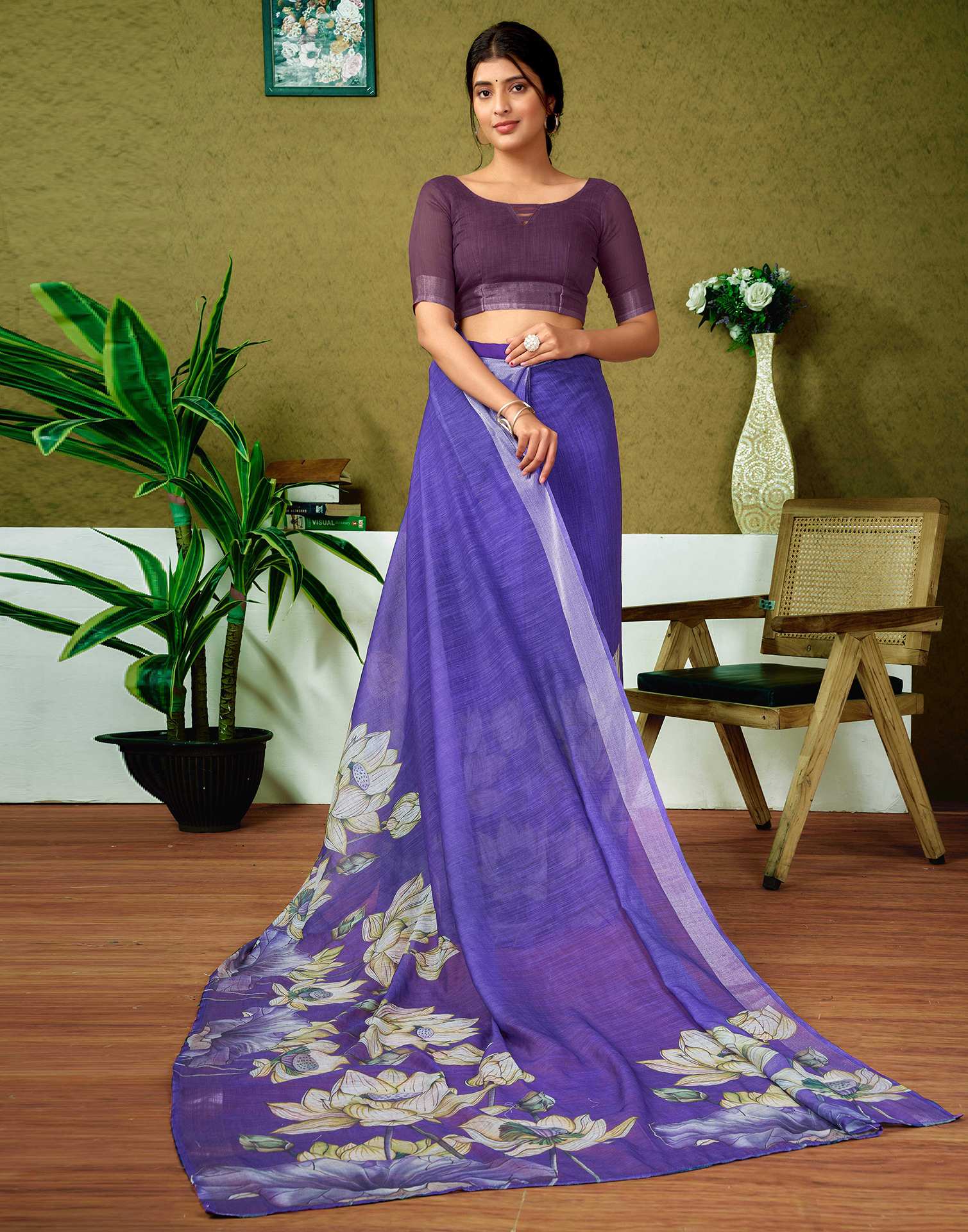 Ready To Wear Purple Printed Linen Saree