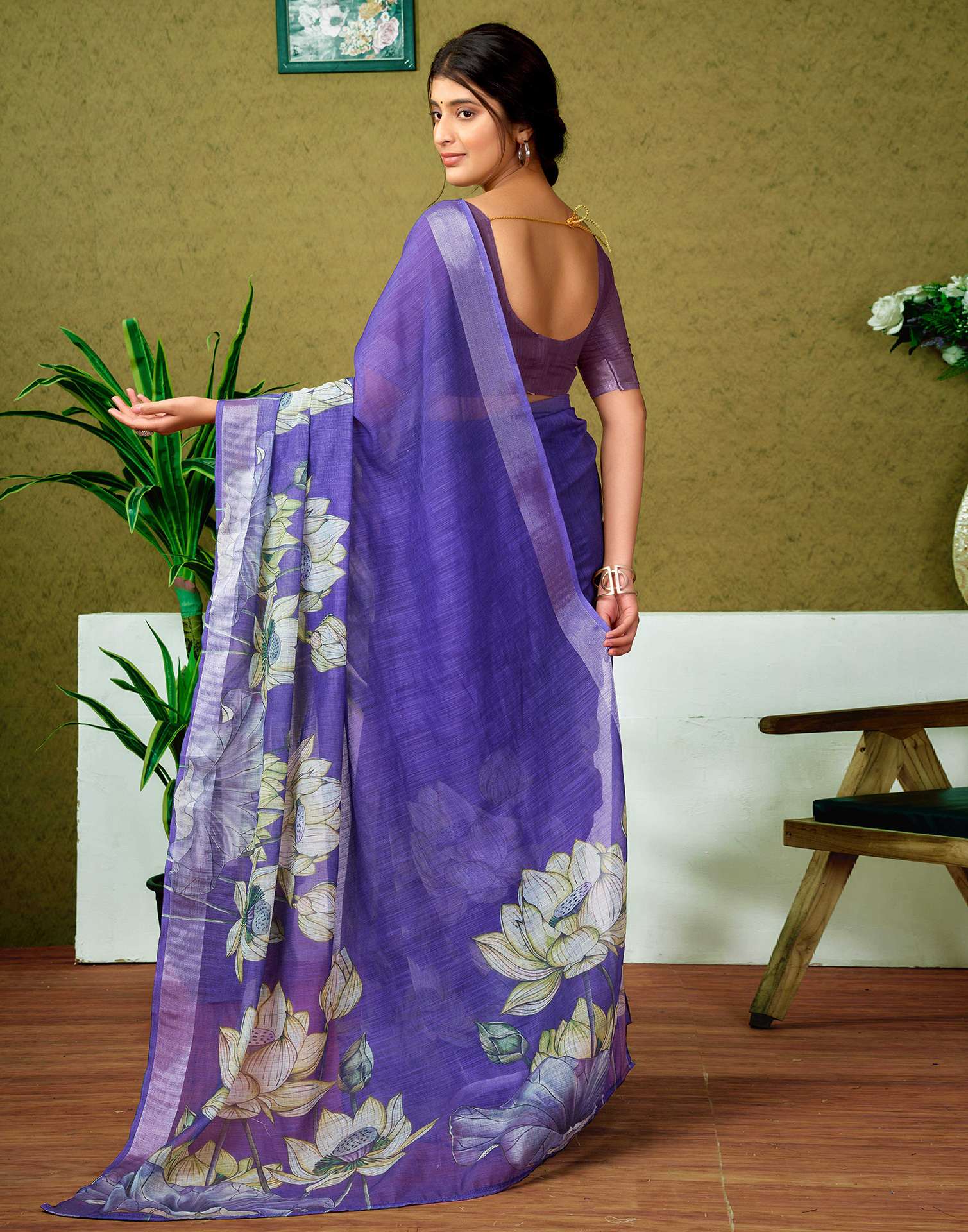 Ready To Wear Purple Printed Linen Saree