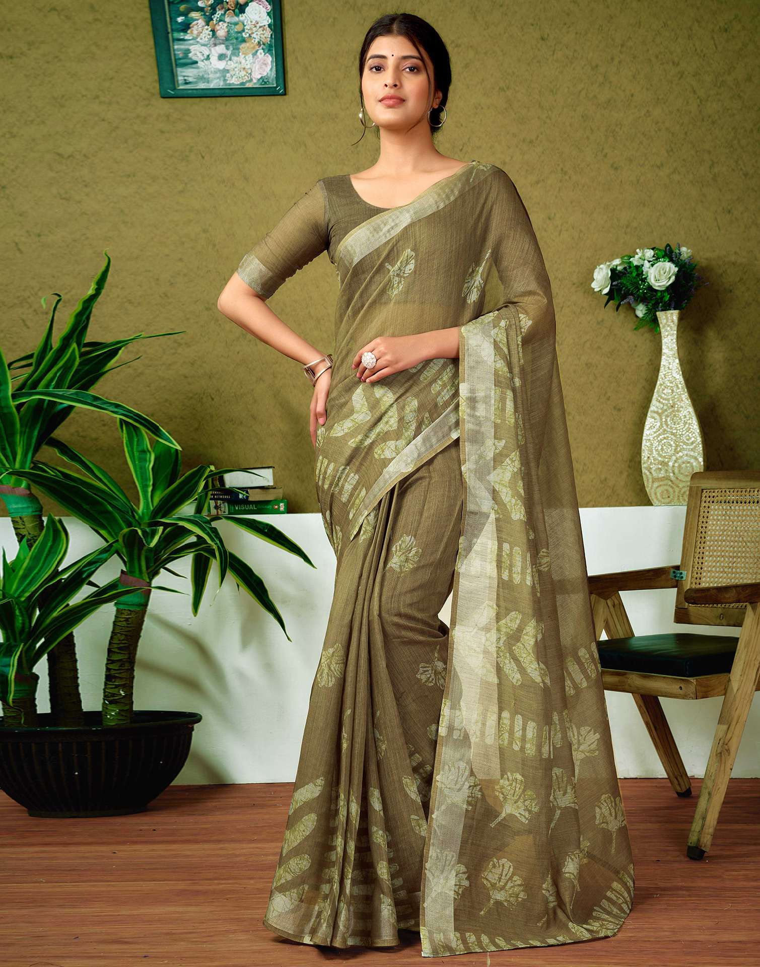 Ready To Wear Army Green Printed Linen Saree