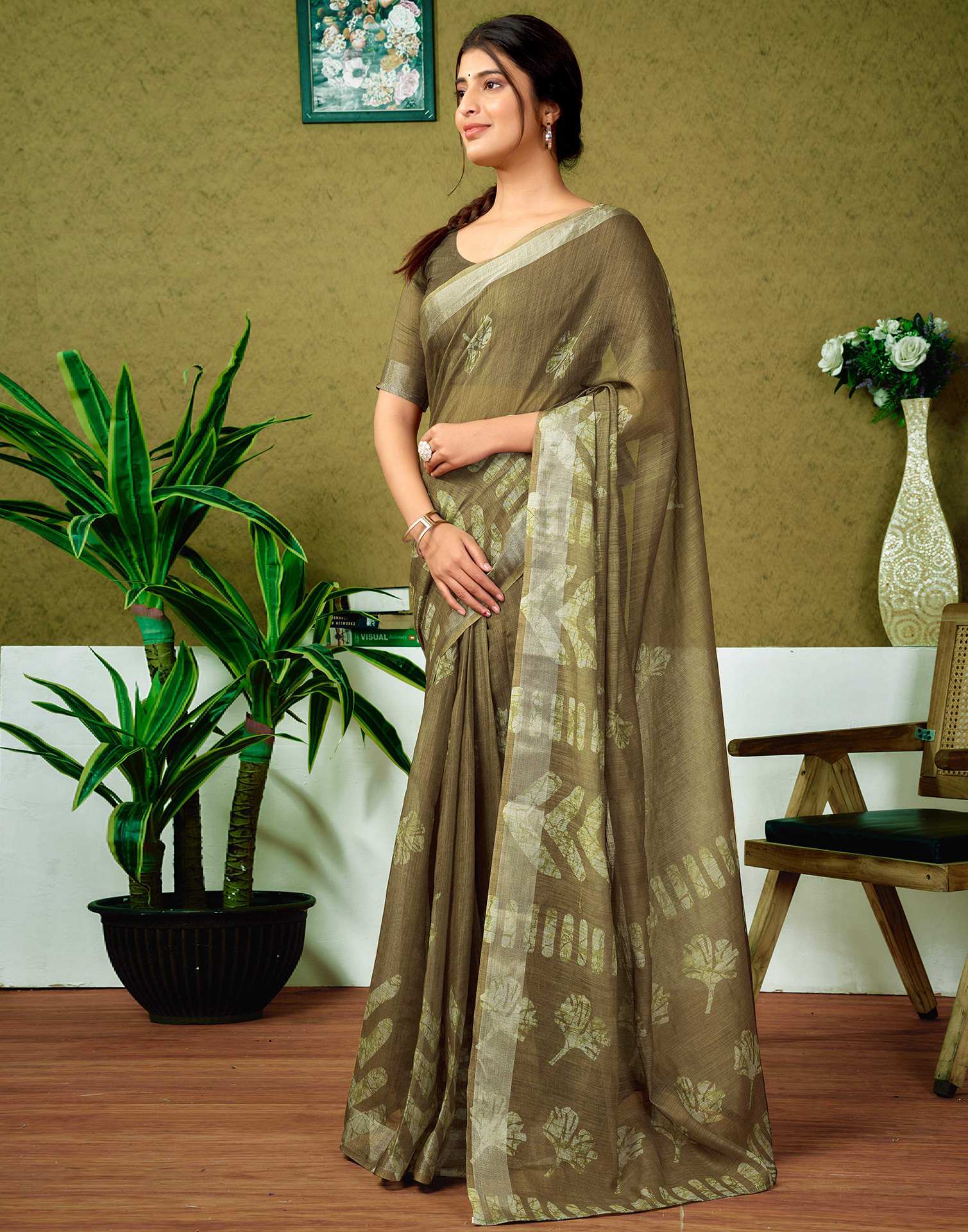 Ready To Wear Army Green Printed Linen Saree