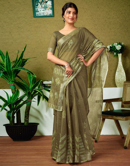 Ready To Wear Army Green Printed Linen Saree