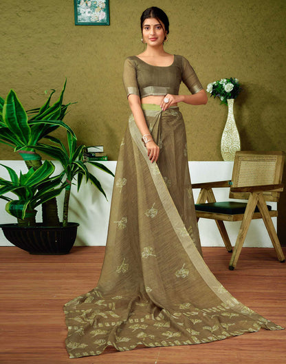 Ready To Wear Army Green Printed Linen Saree