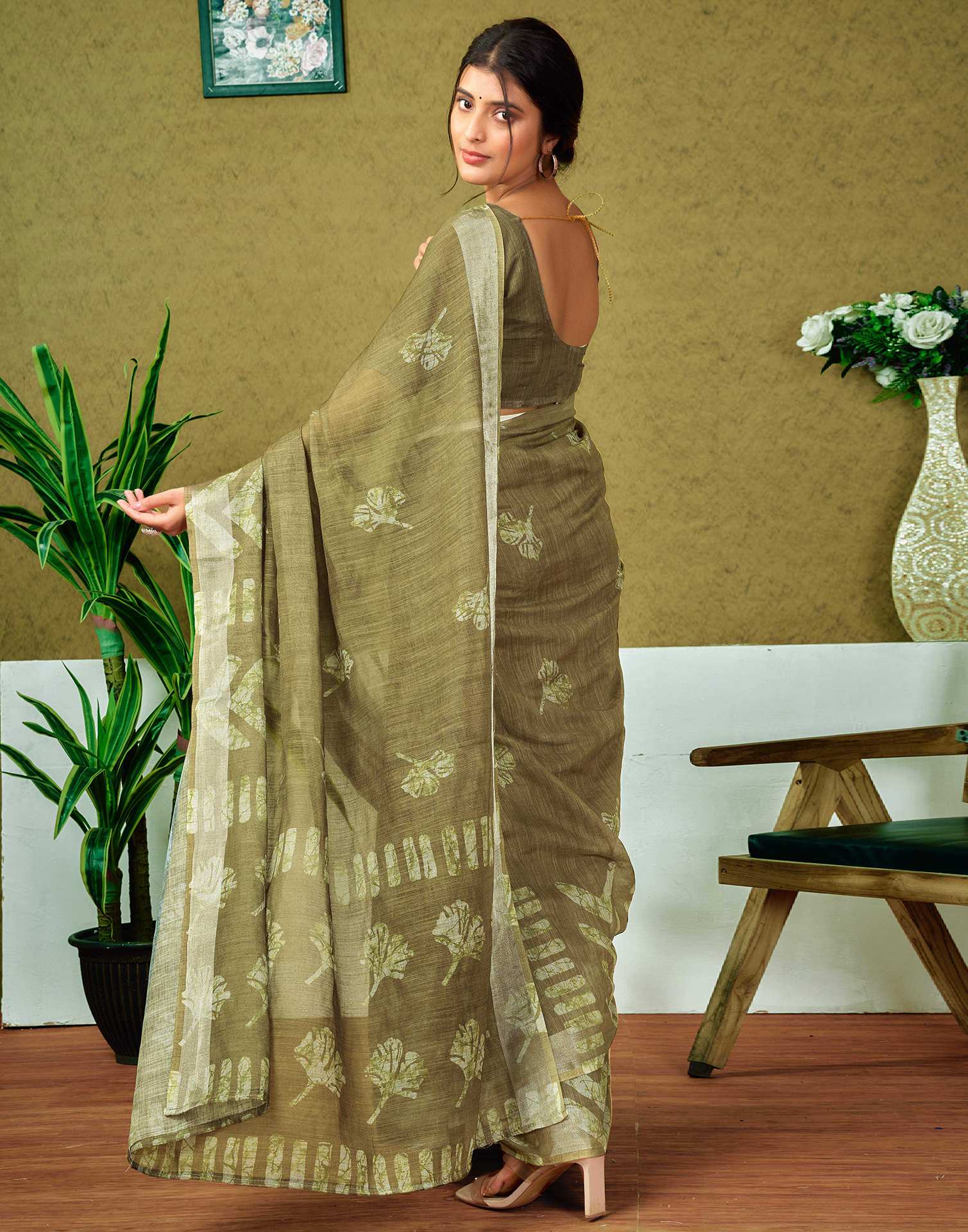 Ready To Wear Army Green Printed Linen Saree