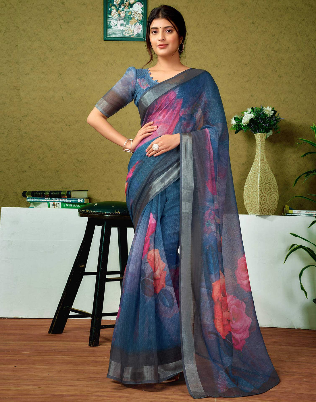 Ready To Wear Dark Blue Printed Linen Saree