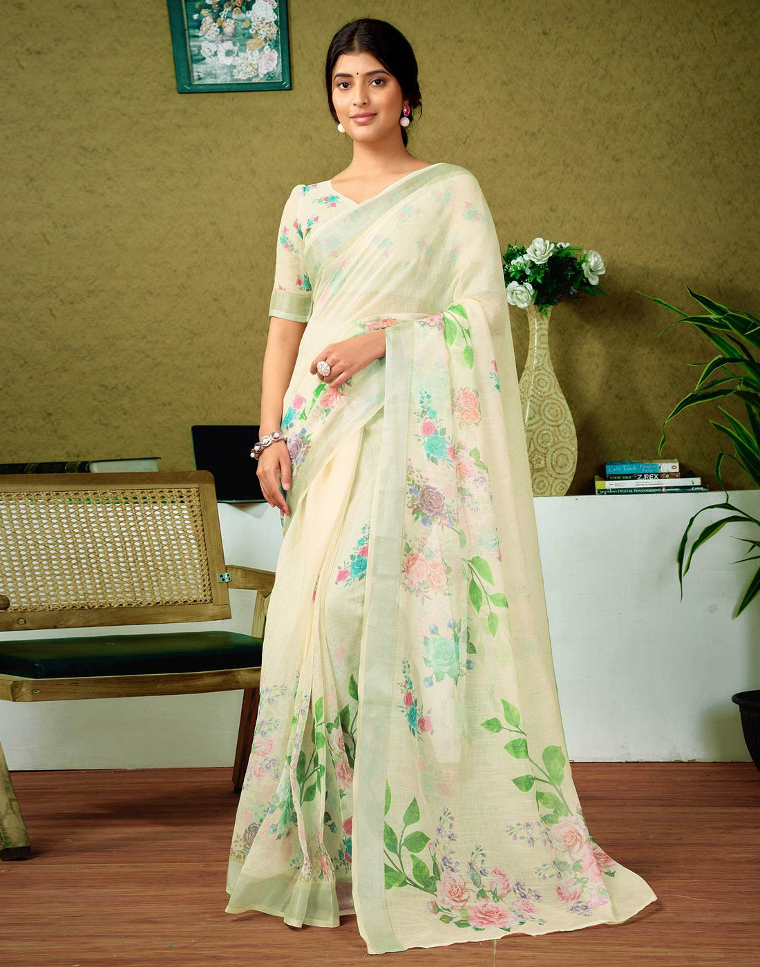 Ready To Wear Cream Printed Linen Saree