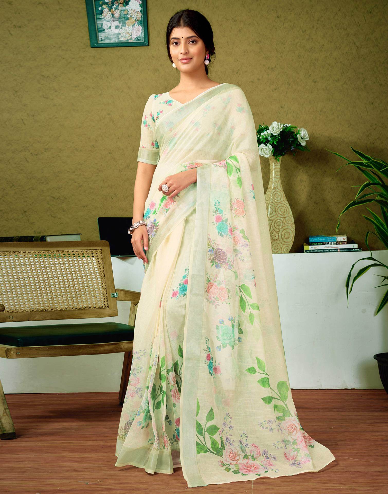 Ready To Wear Cream Printed Linen Saree